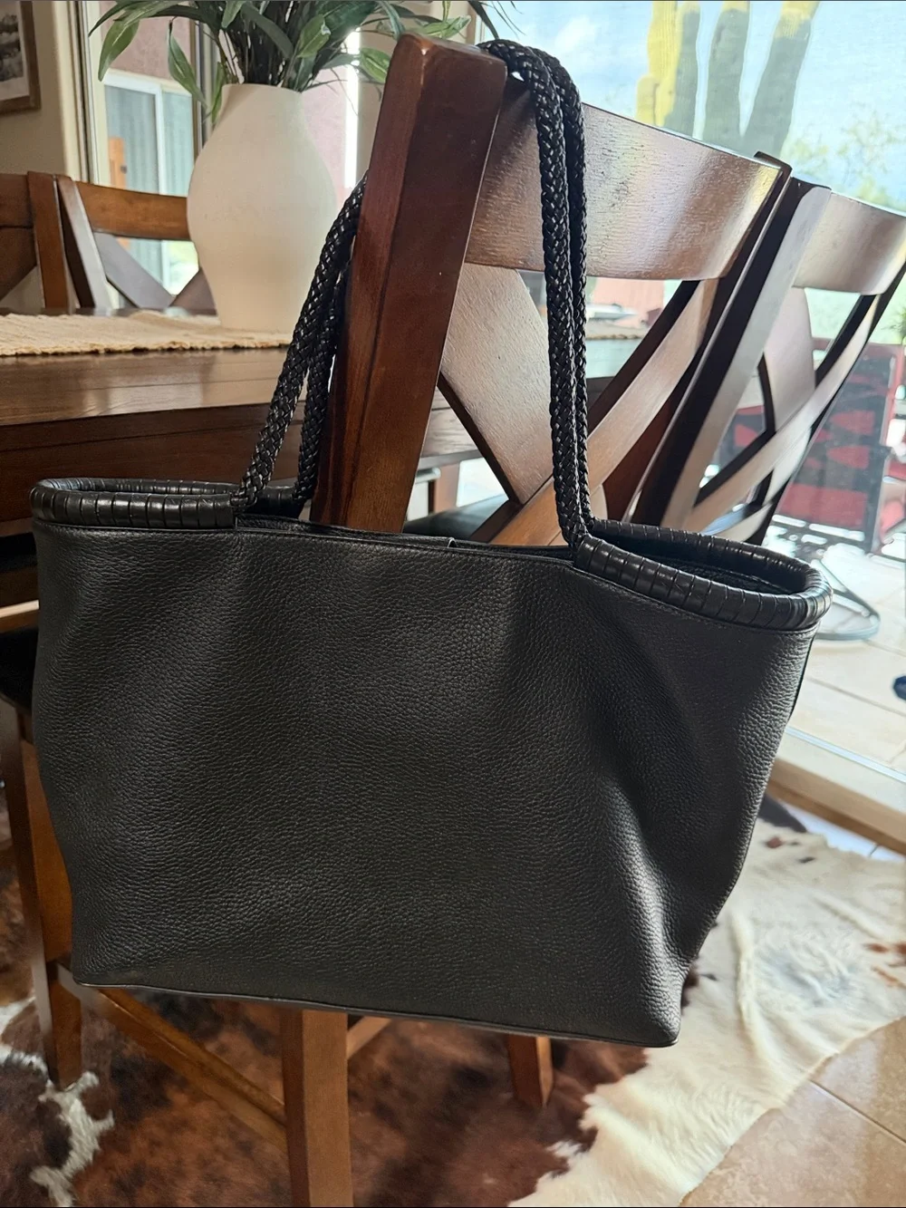 Tory Burch Black Pebbled Leather Tote with Braided Handles